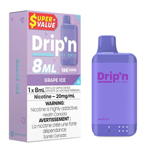 Drip'n by Envi 8ML Disposable Vape 16k Puffs-Grape Ice 20MG